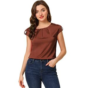 Allegra K Women's Silky Blouse Round Neck Pleated Business Casual Elegant Top Brown 12