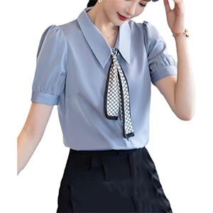 KMMBBTY Short Sleeve Shirt Women Summer Square Collar Formal Chiffon Blouses Office Ladies Work Tops Gray S