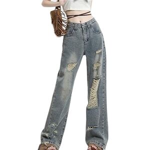 Jier-Women Pants Women Low Waist Cargo Jeans Straight Wide Leg Baggy Denim Pants Y2k Flare Distressed Vintage Women's Jeans Skinny Stretch Ripped Ladies High Rise Pants Light Blue Soft Casual (1-Blue,M,M)