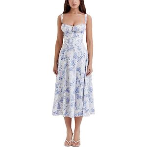 Tuosiqi ERMODA Women's Floral Corset Midi Dress,Summer Boho Sleeveless Square Neck Flowy Print Slit Lace Up Fitted Fairy Dress (Color : Blue Leaves, Size : Medium)