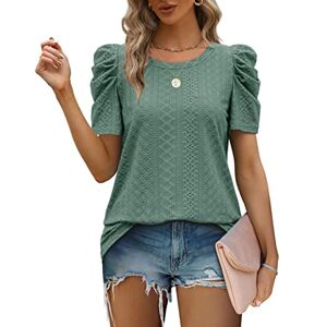 Aokosor Ladies Tops for Womens T Shirts Summer Clothes Round Neck Tshirts Gigot Sleeve Casual Tees Eyelet Tops Size 22-24 Green