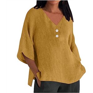 Amhomely Sale Clearance AMhomely Womens Summer Dressy Linen Blouse 3/4 Sleeve Plus Size Shirts V Neck Button Oversized Shirts Baggy Swing Tops Side Split Tunic Tops Loose Fit Elegant Office Blouse Ladies Tops Yellow 4XL