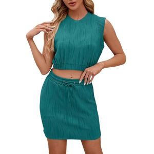 Generic Women Sleeveless Blouse Round Neck Solid Color Drawstring Skirt Spring Summer Plus Size, Blue, S