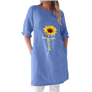 Generic E-243 Light Royal Blue Womens 3/4 Sleeve T Shirts Sunflower Floral Graphic Loose Fit Long Tops Tee for Ladies Vneck Faux Gauze Linen Casual Summer Fall Shirts 2024 Clothing Y2K M