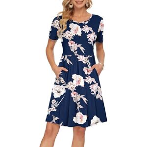 AUSELILY Womens Summer Dress Casual Floral Bodycon Short Sleeve Pleated Loose Swing Casual Dress with Pockets Knee Length Sapphire Flower 2XL