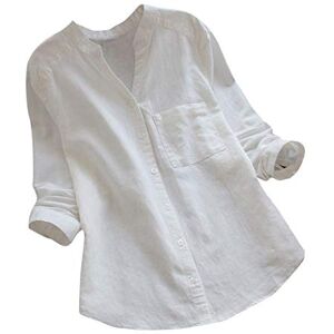 Kuih Linen Tunic Tops for Women UK Plus Size Long Sleeve Blouses with Chest Pocket V Neck Button Up Henleys Pullover Loose Causal T-Shirt for Work Office Business UK Size White