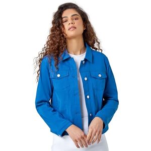 Roman Originals Stretch Jacket for Women UK - Ladies Denim Jean Summer Coat Bengaline Casual Smart Utility Trucker Biker Fitted Classic Work Spring Soft Vintage - Petrol Blue - Size 14