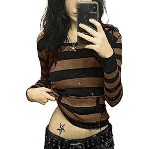 Femereina Women Striped Y2k Long Sleeve Crop Top Ribbed Aesthetic Grunge T Shirt Vintage Slim Harajuku Shirts 90S Trendy Blouse (Brown#2, L)