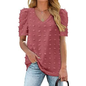 Aokosor Ladies Tops for Womens T Shirts Summer V Neck Puff Sleeve Pink Blouses Swiss Dot Tops Size 22-24