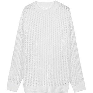 YZNLOQ Women Hollow Out Crochet Knit Tops,Summer See Through Crew Neck Sheer Mesh Knitted Sweater Long Sleeve Loose Fit Knit Pullover Jumper Top White 2XL