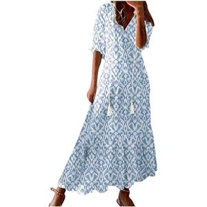 Women's Summer Dress V Neck Boho Maxi Dresses Casual Half Sleeve Long Dress Bohemian Pleated Beach Dress Ladies Flowy Holiday Swing Loose Fit Dresses for Party Evening