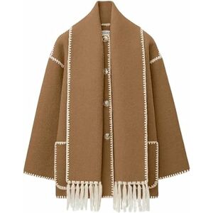 ERISAMO Women's Oversized Embroidered Scarf Jacket Crewneck Wool Coat Long Sleeve Tassel Scarf Coats, Winter Outerwear (L, Camel)