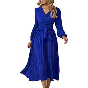 AMhomely Women Dresses Sale Clearance Slim Pleated Belt Long Sleeve V-Neck A-Line Dress Ladies Trendy Tunic Dresses Activewear Dresses for Vacation Cocktail Formal Work Wedding Blue