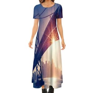 Songting Illuminated San Francisco Skyline Women's Summer Casual Short Sleeve Maxi Dress Crew Neck Printed Long Dresses S