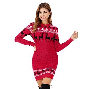 Totatuit Christmas Jumper Dress for Women Novelty Reindeer Snowflakes Knitted Ladies Xmas Dress Long Sleeve Crew Neck Christmas Sweater Pullover Knitwear Red