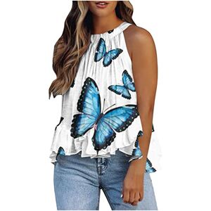 Women Casual Blouse AMhomely Women's Halter Neck Tank Tops Floral Sleeveless Shirt Pleated Casual Camisole Sweatshirt Loose T Shirt Blouses Jumper Henley Shirts Elegant for Ladies UK Z5 Blue