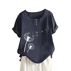 Tyusgh Summer Shirts for Women Round Neck Button Cotton Dandelion Print Short Sleeve T Shirt Blouse Loose Plus Size Pullover Top for Daily Vacation (Navy, XXXL)
