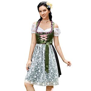 KOJOOIN Women Traditional Dirndl Oktoberfest Costume 3 Pieces Fancy Midi Skirt - Dress, Blouse, Apron Floral Green UK L