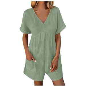 Bauzuoyo Women's Elegant Short Playsuit Summer Plain Jumpsuit Comfortable Cotton One-Piece Overalls Casual Baggy Dungarees High Waist Soft Bib Shorts with Pockets Casual Romper Summer Dress, mint green, XXL