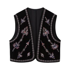LCDIUDIU Black Velvet Floral Sequin Embroidery Vest Tops for Women, Vintage Open Front Sleeveless Cardigan Crop Top Casual Stylish Waistcoat National Style Gilet Outerwear Streetwear, Black, Xs