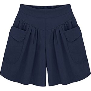 VERYCO Women Summer Shorts Pleated Elastic High Waist Wide Leg Casual Shorts with Pockets Plus Size (Navy, UK 14 / Tag 2XL)