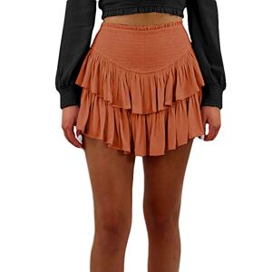 Femereina Women Smocked Ruffle Mini Skirts Summer High Waisted Tiered Pleated Short Skirt A Line Ruched Flared Mini Skirt with Shorts Underneath (Dark Red, L)