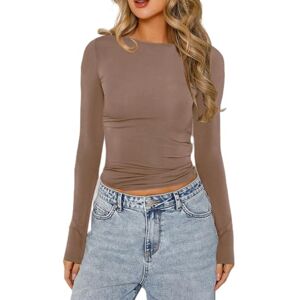 Yassiglia Long Sleeve Tops Women Basic Crew Neck Slim Fit Shirt Skims Dupe Y2K Crop Top Casual Tight Baby Tees E-Girls Going Out Tops Streetwear (Brown, L)