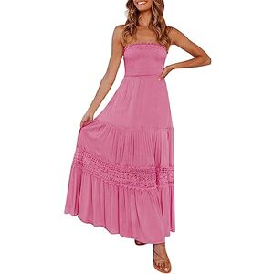 NIUREDLTD Womens Summer Bohemian Strapless Off Shoulder Lace Trim Backless Flowy A Line Beach Long Maxi Dress Button up Dress Women Casual Hot Pink