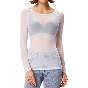 GRACE KARIN Women Bodysuit Crew Neck Long Sleeve Sheer Mesh Top for Cocktail Party Clubwear White M