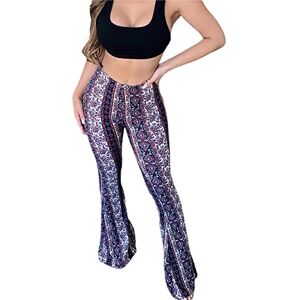 Achlibe Women Boho Print Long Pants Flared Wide Legs Summer Bell Bottom Trousers High Waist Slim Yoga Palazzo Trousers (Purple, S)