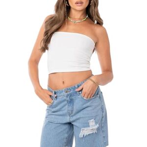 Edhomenn Women's Solid Color Tube Crop Top Sleeveless Strapless Off Shoulder Bandeau Tops Summer Y2K Streetwear (ZA-White, S)