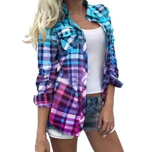 Cyber Monday Black Friday Deals!!! AMhomely Women's Casual Shirt Blouse Tunic Fall Tops Fashion Plaid Color Matching Pocket Button Long Sleeve Loose Shirts Coat for Work Office Sale Clearance UK Size S-5XL