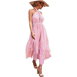 FTUOWANG Women's Summer Crossover Halter Neck Sleeveless Casual Plaid Cut Out Backless Flowy A Line Maxi Dress (S, PinkPlaid)