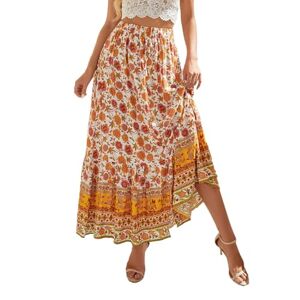 EMOTTOS Women's Bohemian Maxi Skirt, A-Line Long Skirts Elasticated Waist Front Slit, Pleated Swing Boho Flower Skirts High Waisted Casual Gypsy for Summer Spring Vacation Going Out, Yellow XL
