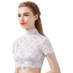 KLOVA Women Autumn Spring Turtleneck Detachable Collar Elegant Floral Lace Short Sleeve Half Blouse Shirt Pullover Lining Dickey Crop Top Decorative Underwear White