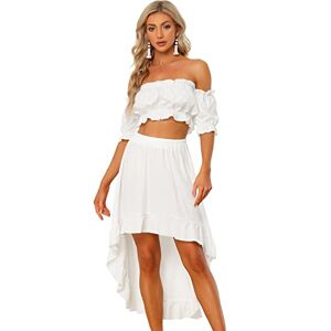 Allegra K Women's Two Piece Outfits Off Shoulder Crop Top and High Low Skirt Set White S