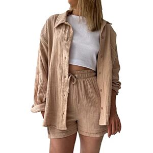 Set Damen Outfit Elegant Women's Outfit 2-Piece Summer Two-Piece Casual Plain 2-Piece Suit Summer Elegant Two Piece Outfit Set for Women Y2K Streetwear Oversize Tracksuit Set Blouses Shirt High Waist Shorts, khaki, XL