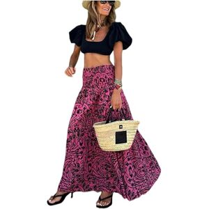 Gyios skirt Summer Long Skirts Women Print Skirt Female Floral Beach Maxi Skirts Ladies Vintage Loose Elastic Waist Holiday Skirt-rose-xl