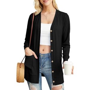 GRECERELLE Womens Summer Cardigan Long Sleeve Lightweight V Neck Hollowed-Out Ribbed Button Down Outerwear Cardigans with Pockets (Black, S)