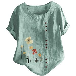 Haolei Linen Tops for Women UK Sale,Ladies Floral T Shirts Elegant Cotton Linen Short Sleeve T Shirts Buttons Graffic Tee Shirt Crew Neck Casual Loose Fit Summer Blouses Lagenlook Tunic Tops