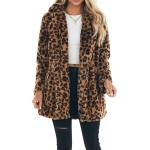 FEOYA Women's Fluffy Winter Coats Leopard Print Faux Fur Coat Fuzzy Cardigan Oversized Open Front Fleece Jacket Baggy Shaggy Lapel Coat Long Sleeve Loose Fit Coat with Pockets Outwear Autumn Winter XL