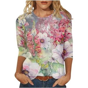 Generic Floral Print Tops for Women UK Summer Crewneck 3/4 Sleeve T Shirts Ladies Casual Baggy Blouse Dressy Elegant Tunics Pink