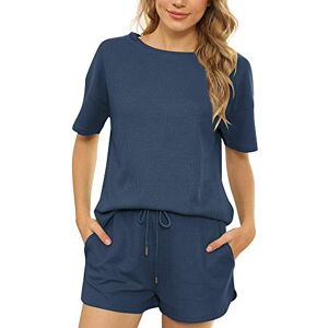 LCDIUDIU Womens Shorts Co Ord Sets Summer, Black Waffle Round Neck Short Sleeve T-Shirt And Side Pocket Shorts Tracksuit 2 Piece Outfits Lounge Sport Gym Going Out Wear Sets Blue L