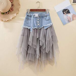 Fdsger YSSDEH Summer Jeans Skirt Women Irregular High Waisted Pleated Denim Tulle Skirts Womens Mesh Patchwork Pockets Tassel Mid Calf