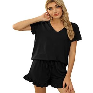 LCDIUDIU Womens Shorts Co Ord Sets Summer, White V-Neck Plain Short Sleeve T-Shirt And Ruffled Hem Shorts Lounge 2 Piece Outfits Going Out Holiday Beach Wear Sets Black Xxl