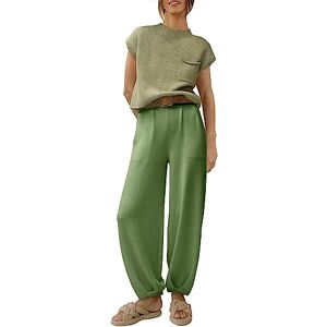 Yassiglia Women's 2 Piece Casual Outfits Spring Summer Causal Lounge Set Women Y2K Tracksuit Short Sleeve Knit Sweater Top + High Waist Pants Loungewear Streetwear (Light Green, M)