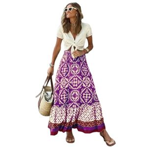 Gyios skirt Summer Long Skirts Women Print Skirt Female Floral Beach Maxi Skirts Ladies Vintage Loose Elastic Waist Holiday Skirt-purple-s