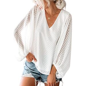 CUPSHE Women's Tops Shirt Cotton Long Sleeve Casual Solid Fall Blouse V-Neck Loose Fit Ruching White L