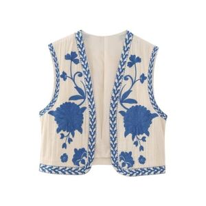 LCDIUDIU Women'S Waistcoats Ethnic Floral Embroidered Crop Vest, Purple Vintage Victorian Open Front Sleeveless Cardigan Jacket Coat Casual Stylish Summer Gilet Outerwear Streetwear, Blue, Xs