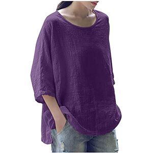 Yolimok Summer Tops for Women UK Sale 3/4 Sleeve Cotton Linen Solid Crew Neck Ladies Tops Casual Loose Three Quarter Sleeve Tunic T Shirt Plus Size Elegant Blouse Shirts UK 8-18 Purple